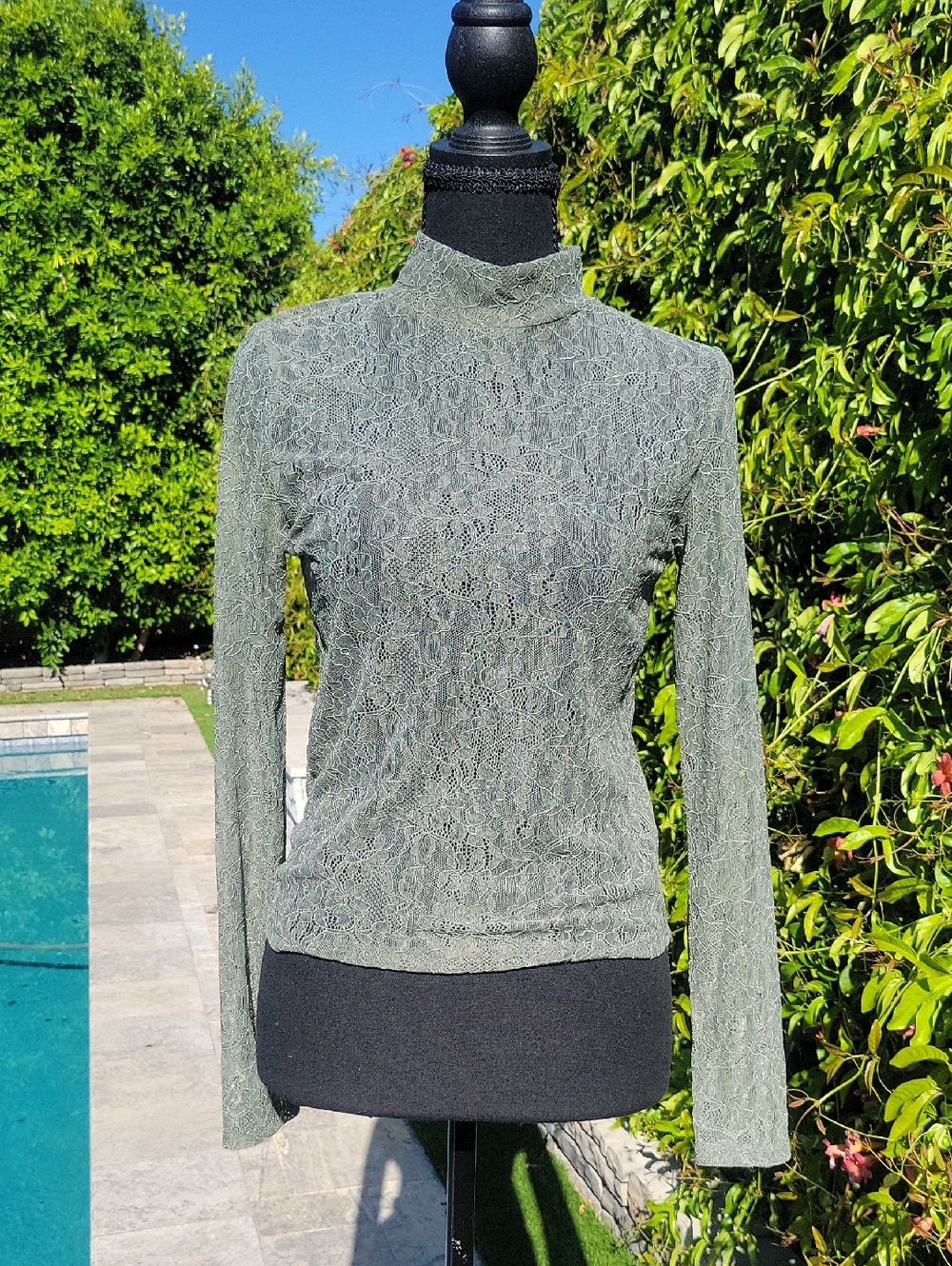 Boho Green Sheer Lace Long Sleeve Top Sz M